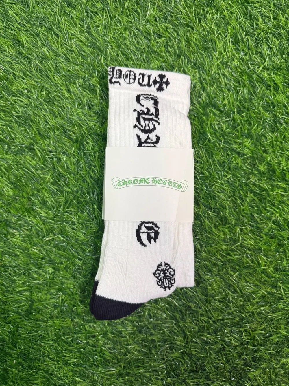 Chrome Hearts Black Crew Socks with White Logo and Purple Toe